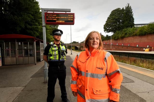 Network Rail's Operations Risk Advisor Vicki Beadle and BTP's PC Dan Smith pictured on Crossgates Station, Leeds, where there has been a rise in anti-social behaviour. (Picture: Simon Hulme)
