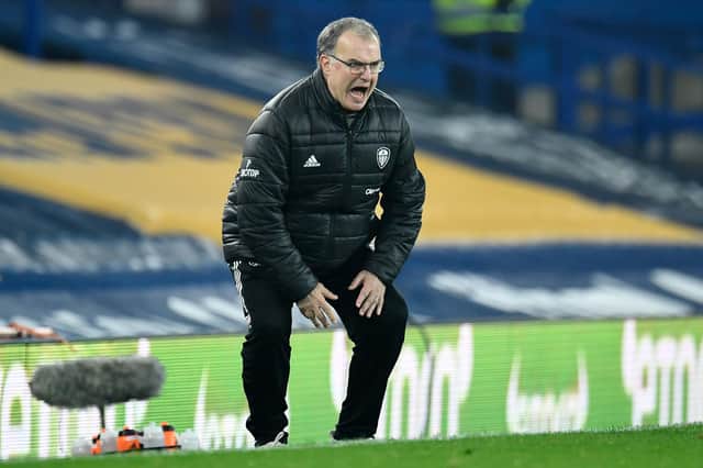 Marcelo Bielsa, Manager of Leeds United reacts during the Premier League match between Everton and Leeds United at Goodison Park.
