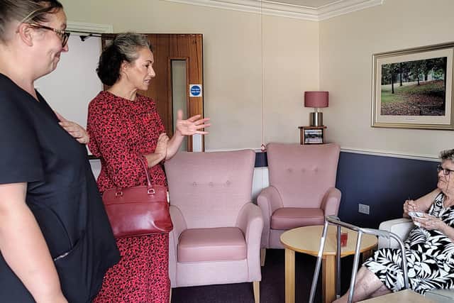 MP for Rotherham, Sarah Champion with Carrie Davies, Home Manager at HC-One’s Silverwood Care Home and resident