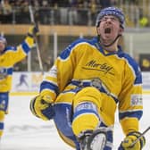 THAT WAS THEN: Cole Shudra celebrates scoring for Leeds Knights against Peterborough Phantoms nack in March 2023. He returns to Elland Road tonight with Great Britain. Picture: Bruce Rollinson