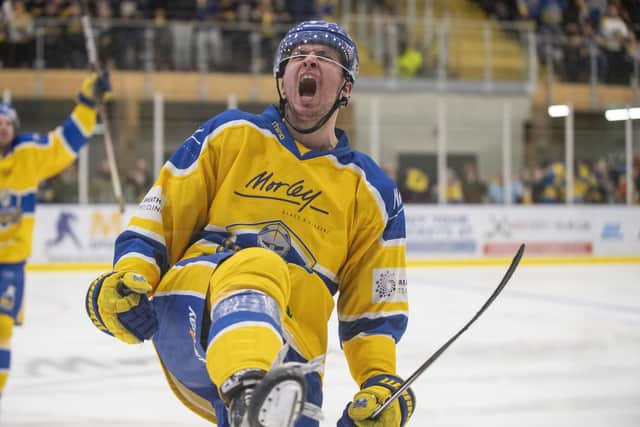 THAT WAS THEN: Cole Shudra celebrates scoring for Leeds Knights against Peterborough Phantoms nack in March 2023. He returns to Elland Road tonight with Great Britain. Picture: Bruce Rollinson
