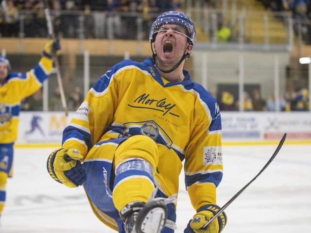 THAT WAS THEN: Cole Shudra celebrates scoring for Leeds Knights against Peterborough Phantoms nack in March 2023. He returns to Elland Road tonight with Great Britain. Picture: Bruce Rollinson