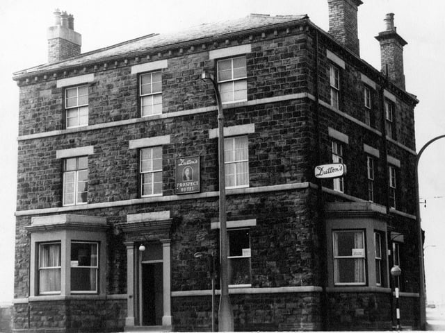 The Prospect Hotel, junction of Church Street and Victoria Road pictured in 1967. Old Dutton's Brewery signs visible on the front and corner of the building. Bed and Breakfast sign in window.