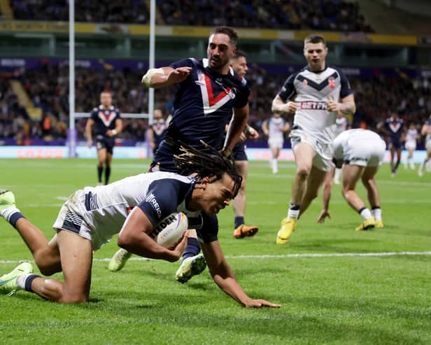 IMPRESSIVE: England's Dom Young scores his sides sixth try during the Rugby League World Cup group A match against France at the University of Bolton Stadium. Picture: Richard Sellers