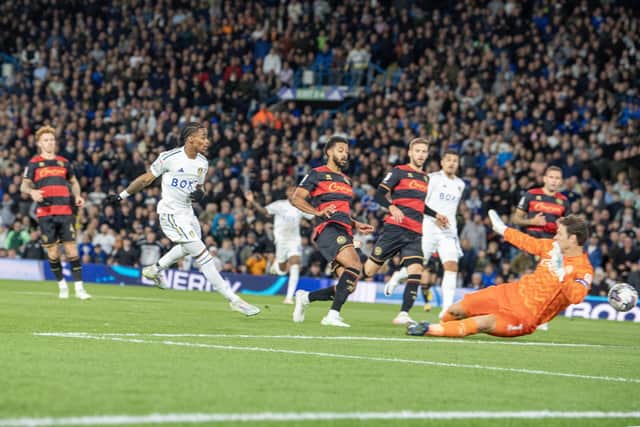 ON A PLATE: Leeds United attacker Crysencio Summerville makes the most of the fine chance presented to him by Georginio Rutter's pass to score what proved the only goal of the game in Wednesday night's Championship hosting of Queens Park Rangers at Elland Road. Picture by Tony Johnson.