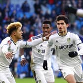 CARDIFF, WALES - JANUARY 08: Sonny Perkins of Leeds United celebrates with teammate Mateo Fernandez after scoring the team's second goal during the Emirates FA Cup Third Round match between Cardiff City and Leeds United at Cardiff City Stadium on January 08, 2023 in Cardiff, Wales. (Photo by Michael Steele/Getty Images)