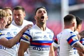 Luke Gale celebrates after scoring for Wakefield Trinity in their 1895 Cup final win over Sheffield Eagles. Picture by Allan McKenzie/SWpix.com.