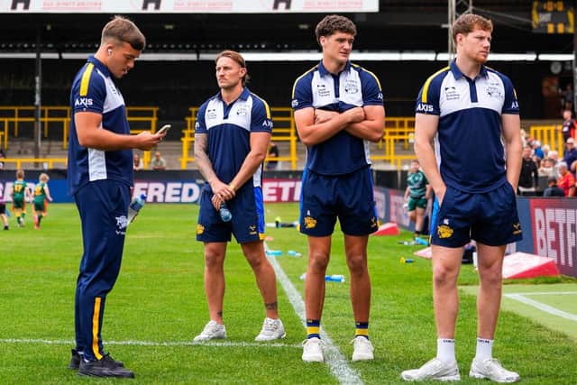 Ben Littlewood, third from left, with teammates Presley Cassell, Chris Hankinson and Morgan Gannon before Leeds Rhinos' win at Castleford Tigers two weeks ago. Picture by Olly Hassell/SWpix.com