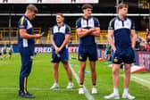 Ben Littlewood, third from left, with teammates Presley Cassell, Chris Hankinson and Morgan Gannon before Leeds Rhinos' win at Castleford Tigers two weeks ago. Picture by Olly Hassell/SWpix.com