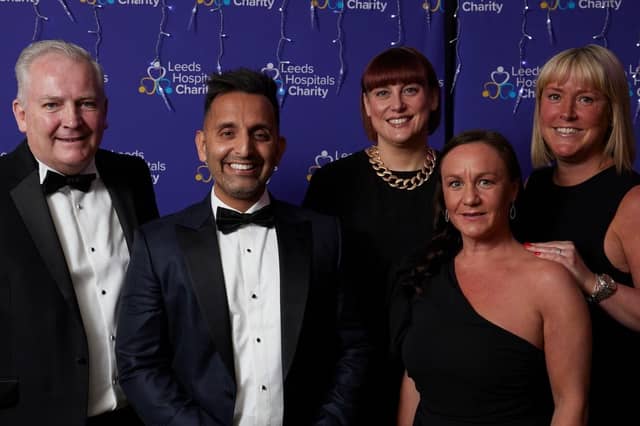 (l-r) Mark Davies, Trustee of Leeds Hospital Charity and director at Think OTB with Dr Amir Khan, Sarah Bloomfield, Sarah Shuck and Jo Waddington at the important fundraiser.