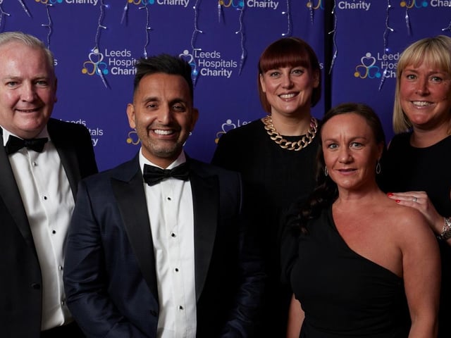 (l-r) Mark Davies, Trustee of Leeds Hospital Charity and director at Think OTB with Dr Amir Khan, Sarah Bloomfield, Sarah Shuck and Jo Waddington at the important fundraiser.
