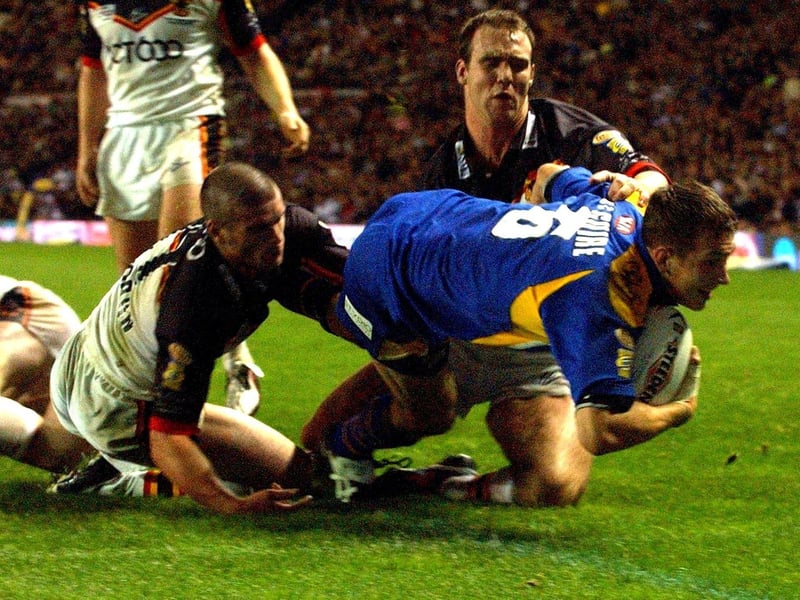 Danny McGuire scores the try which clinched Rhinos' first Super League title, 20 years ago.