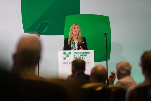 Chief Executive Susan Allen speaking at Yorkshire Building Society's Annual General Meeting in Leeds.