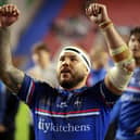 Jazz Tevaga celebrates Wakefield Trinity's Super League semi-final win at Wigan Warriors. Picture by John Clifton/SWpix.com.