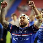 Jazz Tevaga celebrates Wakefield Trinity's Super League semi-final win at Wigan Warriors. Picture by John Clifton/SWpix.com.
