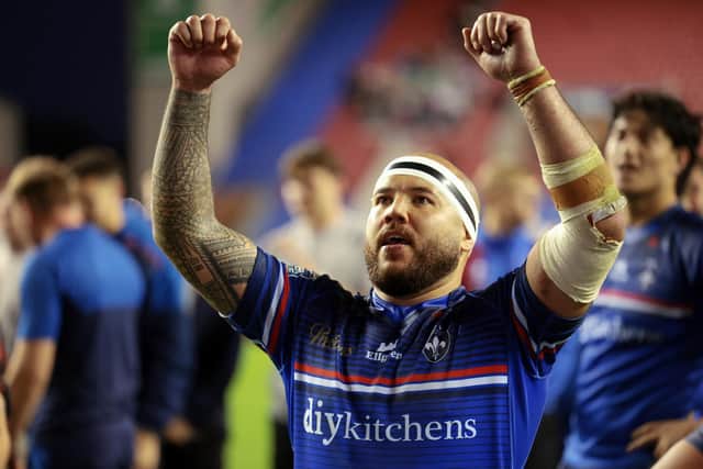 Jazz Tevaga celebrates Wakefield Trinity's Super League semi-final win at Wigan Warriors. Picture by John Clifton/SWpix.com.