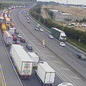 Traffic queuing on the M62 westbound carriageway after a collision involving a number of vehicles. Picture: National Highways/Crown 2023