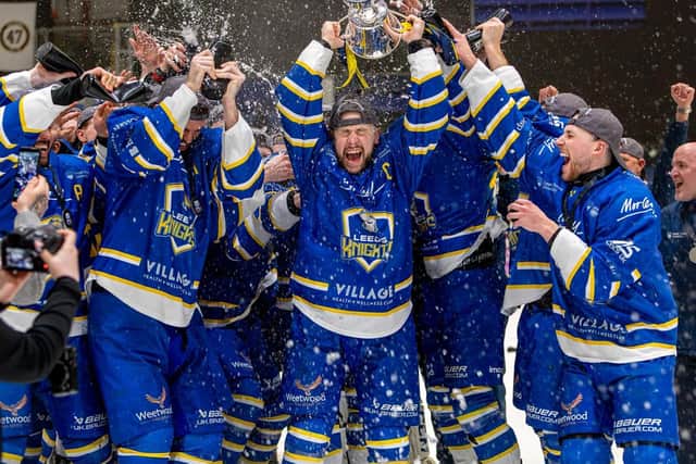 THAT WINNING FEELING: Leeds Knights celebrate their NIHL National Play-off Final success against Hull Seahawks in Coventry in April. Picture: Miles Tidman/Knights Media.