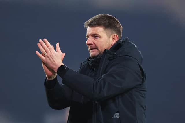 MILTON KEYNES, ENGLAND - JANUARY 24: Mark Jackson, Manager of Milton Keynes Dons, celebrates victory after the Sky Bet League One match between Milton Keynes Dons and Shrewsbury Town at Stadium mk on January 24, 2023 in Milton Keynes, England. (Photo by Catherine Ivill/Getty Images)