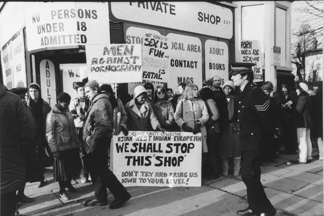 December 1980 and angry pickets demonstrate against a new Leeds 'sex shop' in Chapeltown.