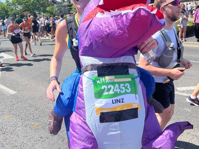 Lindsay Wilkinson, from Leeds, in her dinosaur costume fondly nicknamed 'Roger'