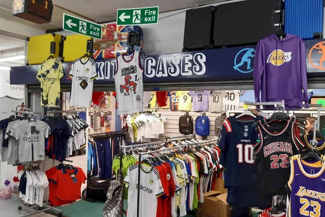 Matthew Hyett's market stall in Morley. The 33-year-old sold counterfeit football merchandise from the market and an online store. (Photo by City of London Police/SWNS)