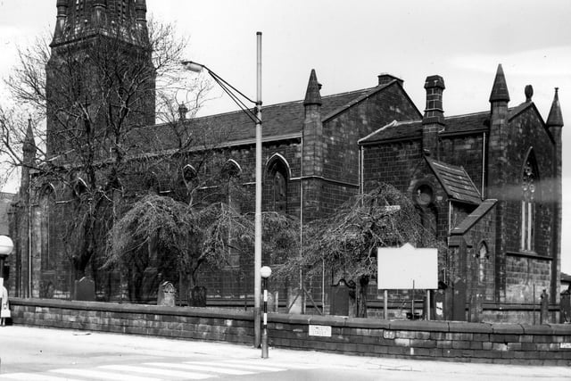 St Matthew's Church in June 1965 from the junction of Domestic Street (street sign on wall) and Town Gate (street sign to right). Holbeck Moor is behind the photographer.