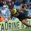 Jason Qareqare scores the first of his two tries in Castleford Tigers' Magic Weekend defeat by Huddersfield Giants. Picture by John Clifton/SWpix.com.