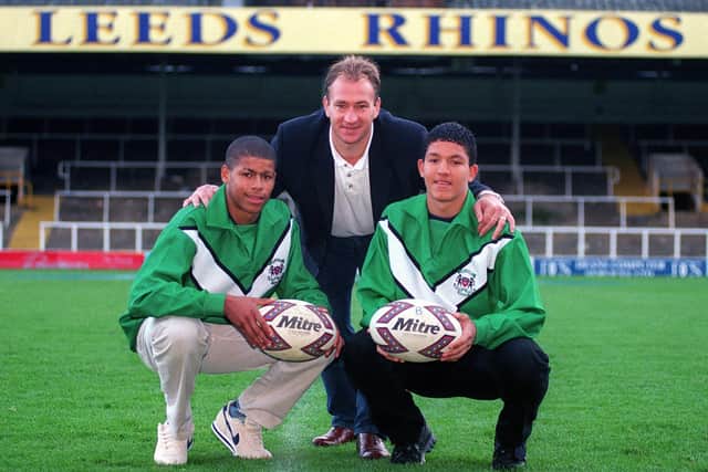 Head of youth Dean Bell welcomes new academy signings Ryan Bailey, left, and Dwayne Barker to Rhinos in October, 1998. Picture by Dan Oxtoby.