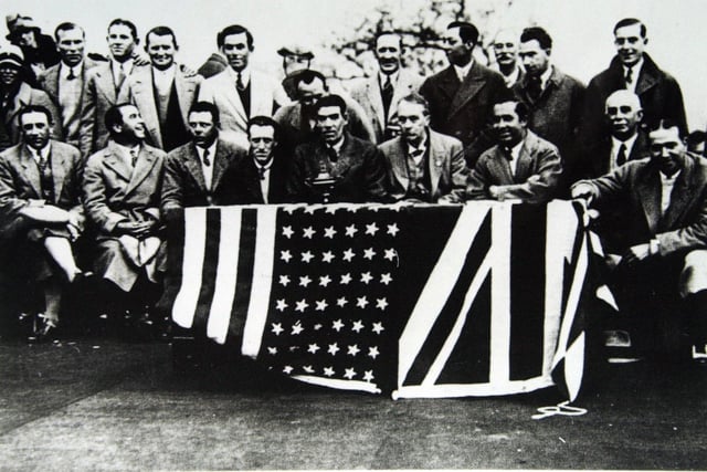 Rival players assemble for the presentation after the Ryder Cup at Moortown Golf Club in Alwoodley in April 1929 - the first time it was played in Europe. It was the biggest golf tournament ever to have been played on British soil at the time, and attracted record crowds of around 15,000.