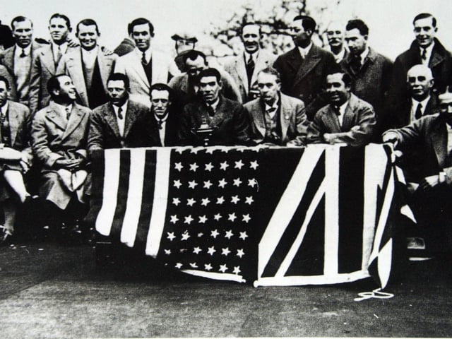 Rival players assemble for the presentation after the Ryder Cup at Moortown Golf Club in Alwoodley in April 1929 - the first time it was played in Europe. It was the biggest golf tournament ever to have been played on British soil at the time, and attracted record crowds of around 15,000.