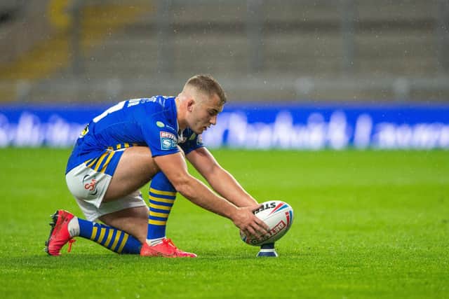 Jarrod O'Connor made his Rhinos debut, as a goal-kicking hooker, agianst Catalans at Headingley in September, 2020.  Picture by Bruce Rollinson.