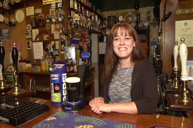 The Grove pub in Leeds, which won pub of the year. Pictured is landlady Rachel Scordos on June 11, 2001.