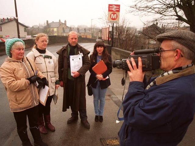 Members of campaign group Tinshill Concern petition and film at an accident blackspot on Station Road in Horsforth in February 1996.. Pictured, from left, are Dorothy Cuthbert, Clare King, Keith Donovan, Karen Jarrett and Joe Thoms.