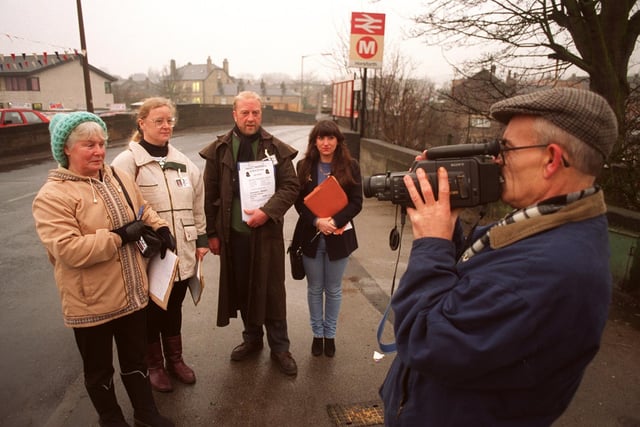 Members of campaign group Tinshill Concern petition and film at an accident blackspot on Station Road in Horsforth in February 1996.. Pictured, from left, are Dorothy Cuthbert, Clare King, Keith Donovan, Karen Jarrett and Joe Thoms.