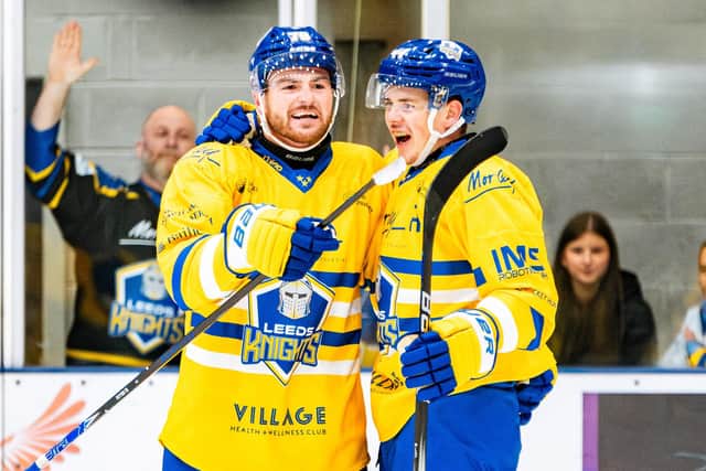 BACK OF THE NET: Liam Peyton and Jordan Griffin both found the net as Leeds Knights staged a come-from-behind 5-4 win at champions Swindon Wildcats on Saturday. Picture: Kev Bland/Knights Media.