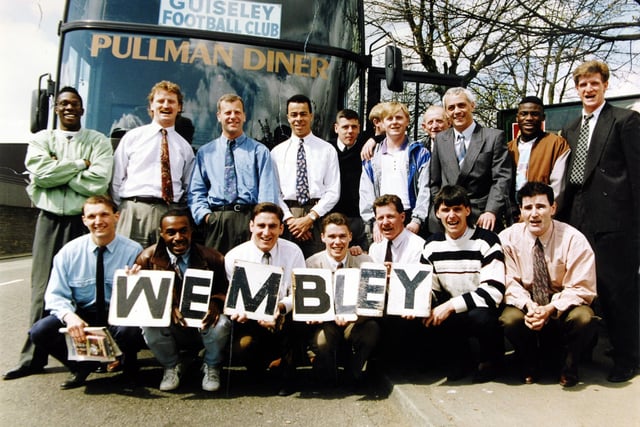 On Wembley Way... Guiseley's players pictured in front of the coach before setting off from Nethermoor for the FA Vase final in May 1991. They drew 4-4 against Gresley Rovers before beating them  3-1 in the replay at Bramall Lane.