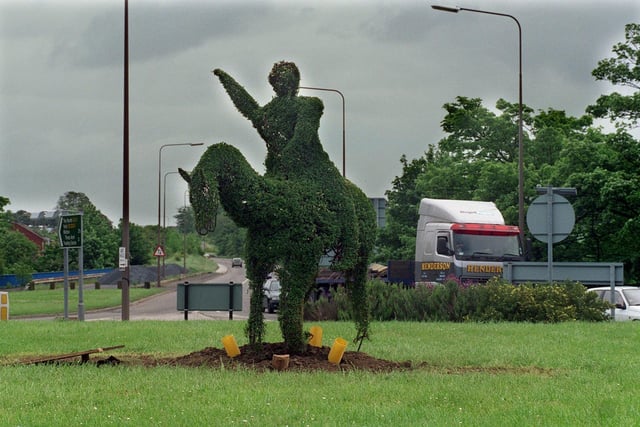 Garden sculpture in the shape of a figure riding a horse was enjoyed by motorists as they approached the A1-A58 roundabout into Wetherby in May 1999.