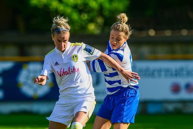 Leeds United Women v Chester Le Street Town Ladies at Global Stadium, Tadcaster. Leeds United's Olivia Smart is tackled by Chester Le Street's Jessica White.