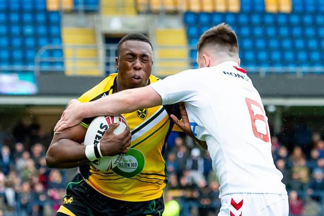 Hunslet's new signing Mo Agoro pictured in action for Jamaica against England Knights at AMT Headingley in 2019. Picture by Allan McKenzie/SWpix.com.