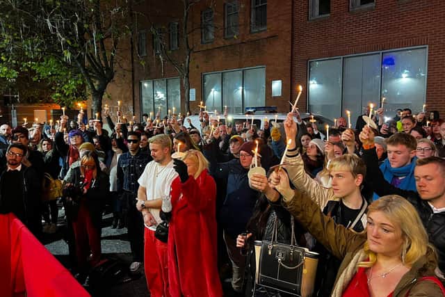 Hundreds turned out for the vigil in Lower Briggate after a mass shooting at a gay nightclub in Colarado (Photo: Terry George)