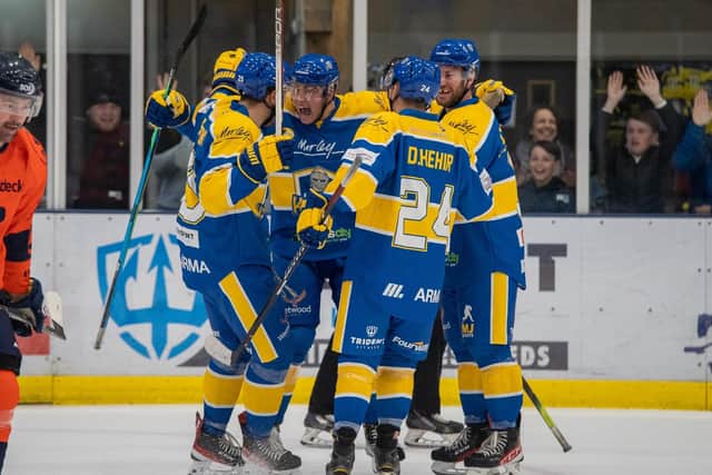 PARTY TIME: Cole Shudra yells his celebration after scoring Leeds Knights' fourth goal against Peterborough Phantoms on Saturday at Elland Road. Picture courtesy of Oliver Portamento