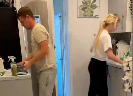Meet the couple who tackle house clean in unison in oddly satisfying time-lapses. See SWNS story SWSMcleaning;  Joanne Atack, 25, and her fiancé Jordan Buchan, 29, have been praised on social media for tackling house work as a team, breaking down stererotypes. The couple who lives in Wakefield, West Yorkshire, have been documenting their efforts in time-lapses they post the social media app TikTok.  They are now followed by over 165,000 people and their videos have received more than 1.9 millions likes