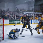 NOT THIS TIME: Emil Svec comes close to scoring for Hull Seahawks against Leeds Knights on Sunday night. He would later score the overtime winner to seal a 4-3 victory at Hull Ice Arena. Picture: Kim Elliot/Seahawks Media