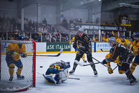 NOT THIS TIME: Emil Svec comes close to scoring for Hull Seahawks against Leeds Knights on Sunday night. He would later score the overtime winner to seal a 4-3 victory at Hull Ice Arena. Picture: Kim Elliot/Seahawks Media