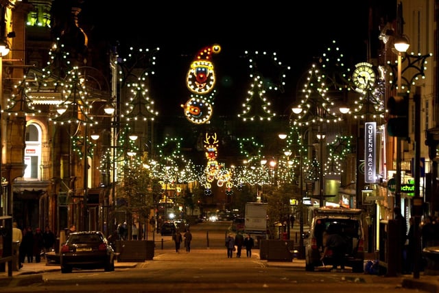 Christmas lights on Briggate, Leeds city centre, pictured on November 8, 2001.