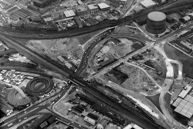 A bird's eye view of the new roundabout system on Wellington Road in September 1977.