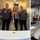 Sandra Marchington and her husband Paul celebrate the completion of the showrooms with staff and, right, the scene after the fire destroyed the business.