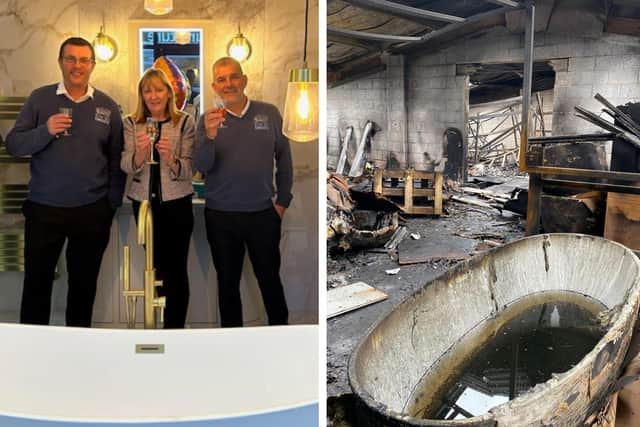 Sandra Marchington and her husband Paul celebrate the completion of the showrooms with staff and, right, the scene after the fire destroyed the business.