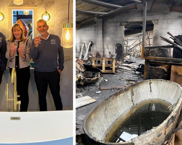 Sandra Marchington and her husband Paul celebrate the completion of the showrooms with staff and, right, the scene after the fire destroyed the business.